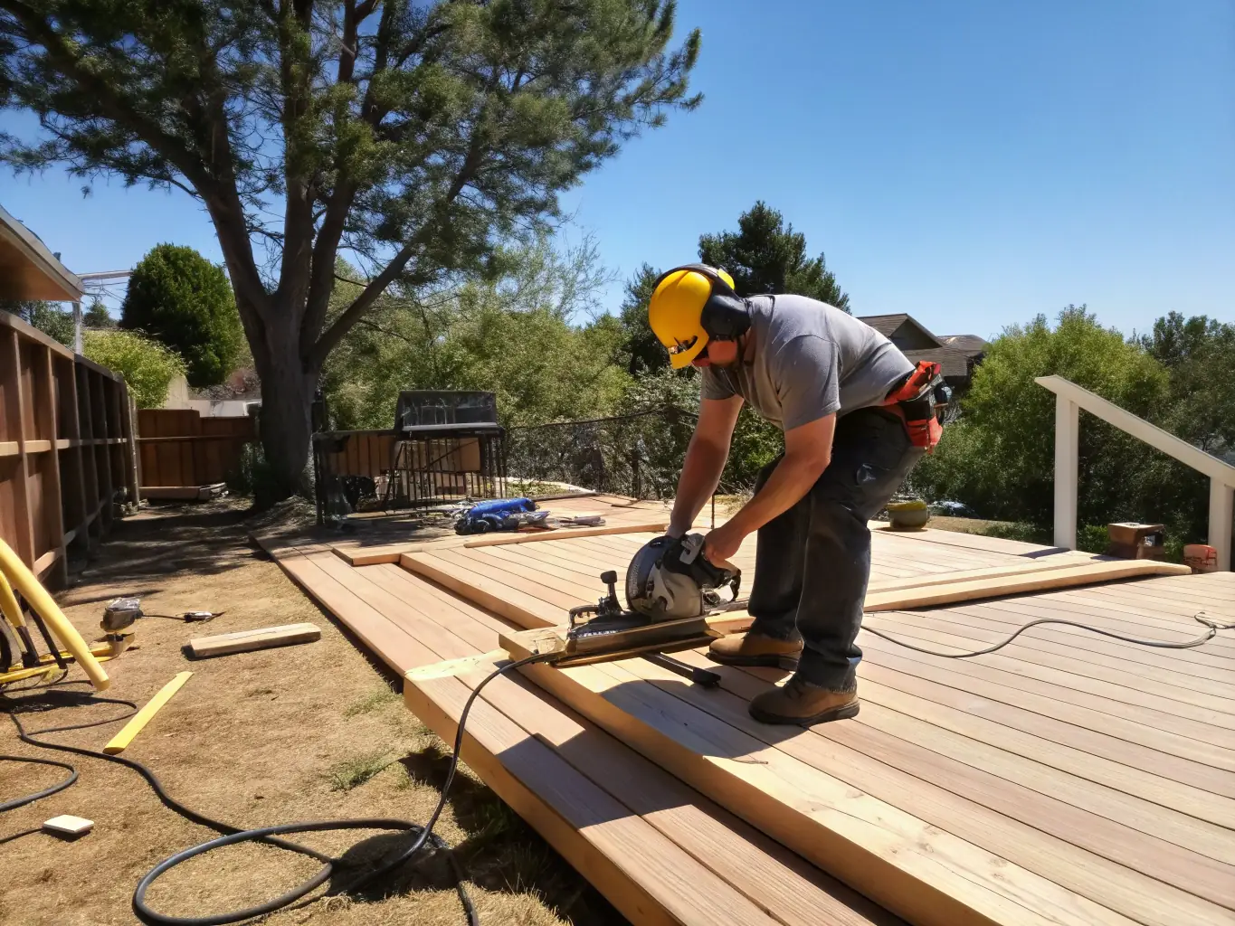A craftsman working on a custom-built deck in a backyard, representing local carpentry and construction services.