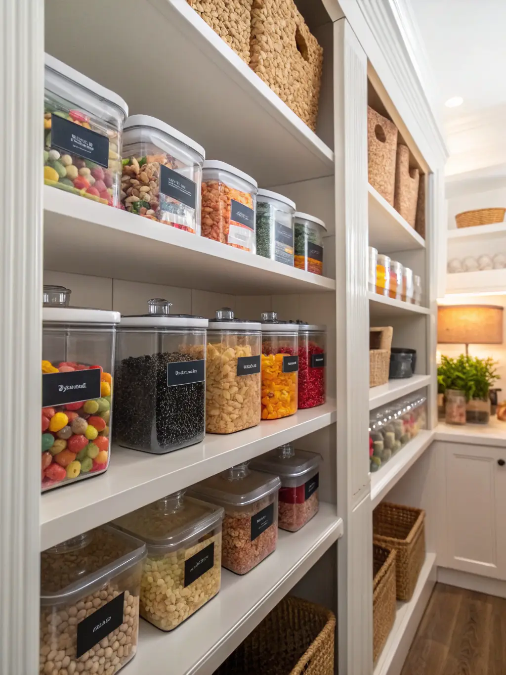 A kitchen countertop with labeled mason jars containing various pantry staples, illustrating an organized and visually appealing storage solution.