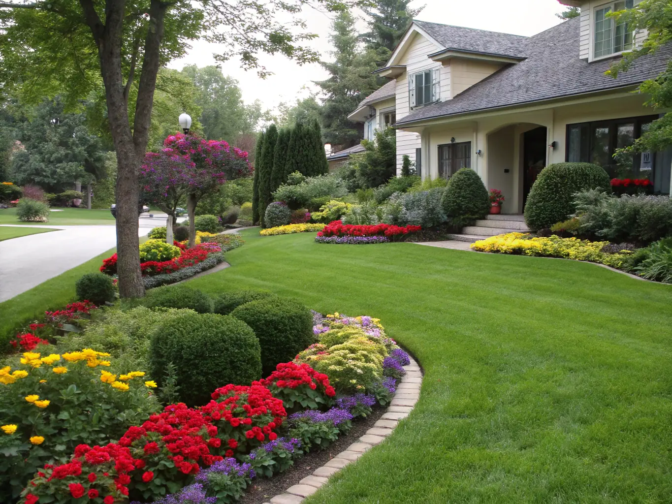 A beautifully landscaped front yard with vibrant flowers and a well-maintained lawn, representing local landscaping services.