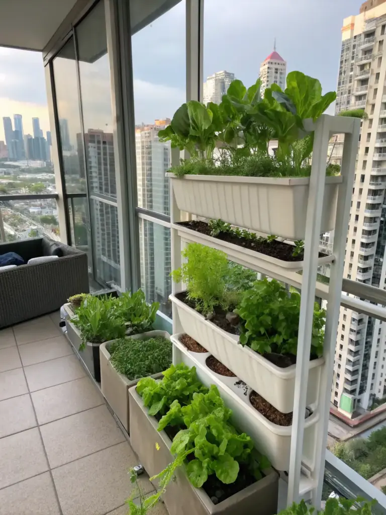 A lush, green balcony garden with plants arranged vertically using repurposed plastic bottles, demonstrating an eco-friendly gardening solution.